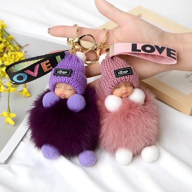 Cute Cartoon Sleeping Baby Doll Keychains Fur Ball Plush Fluffy Keychain for Women Men Bag Pendant Car Key Holder Toys Kids Giftdark pink He Qiyong unisex