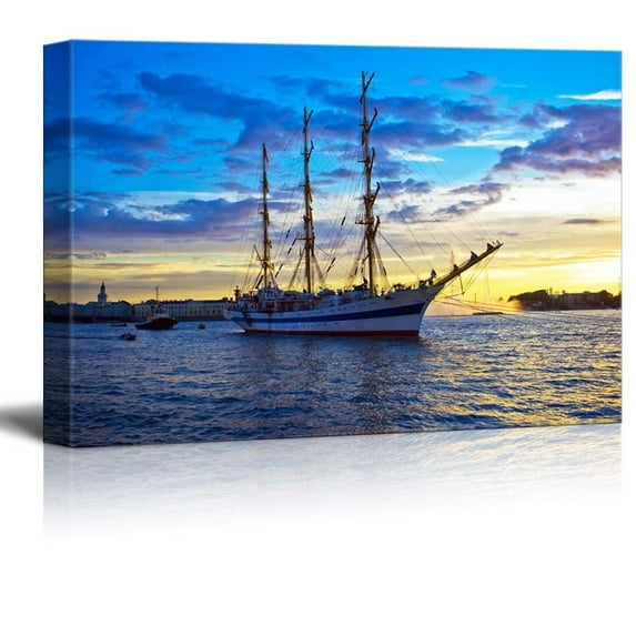 A Sailing Ship Anchored in Neva River at Sunset Saint Petersburg - Canvas Art Wall Decor - 24" x 36"