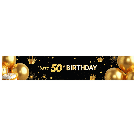Black Background Glittery Golden 50th Birthday Banner with Balloons Cakes Crowns and Stars for Birthday Party Decorations Photography Props and Happy Moments
