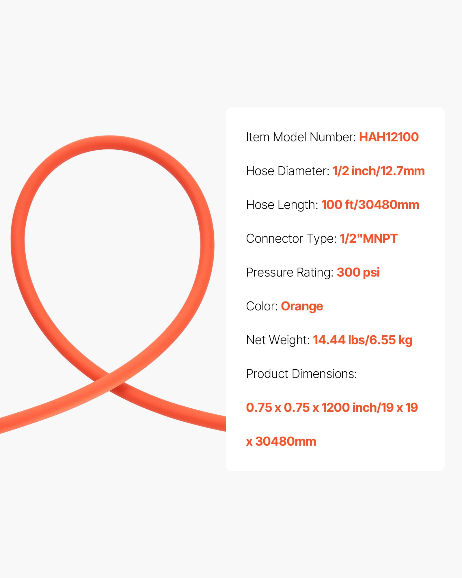 VEVOR Air Hose, 1/2" x 100ft Hybrid Air Hose, Lightweight, Kink Resistant, Pneumatic Hoses with 1/2 inch Solid Brass Male Fitting, Three-Layer Hybrid Material, 300 PSI, All-Weather Flexibility,Orange