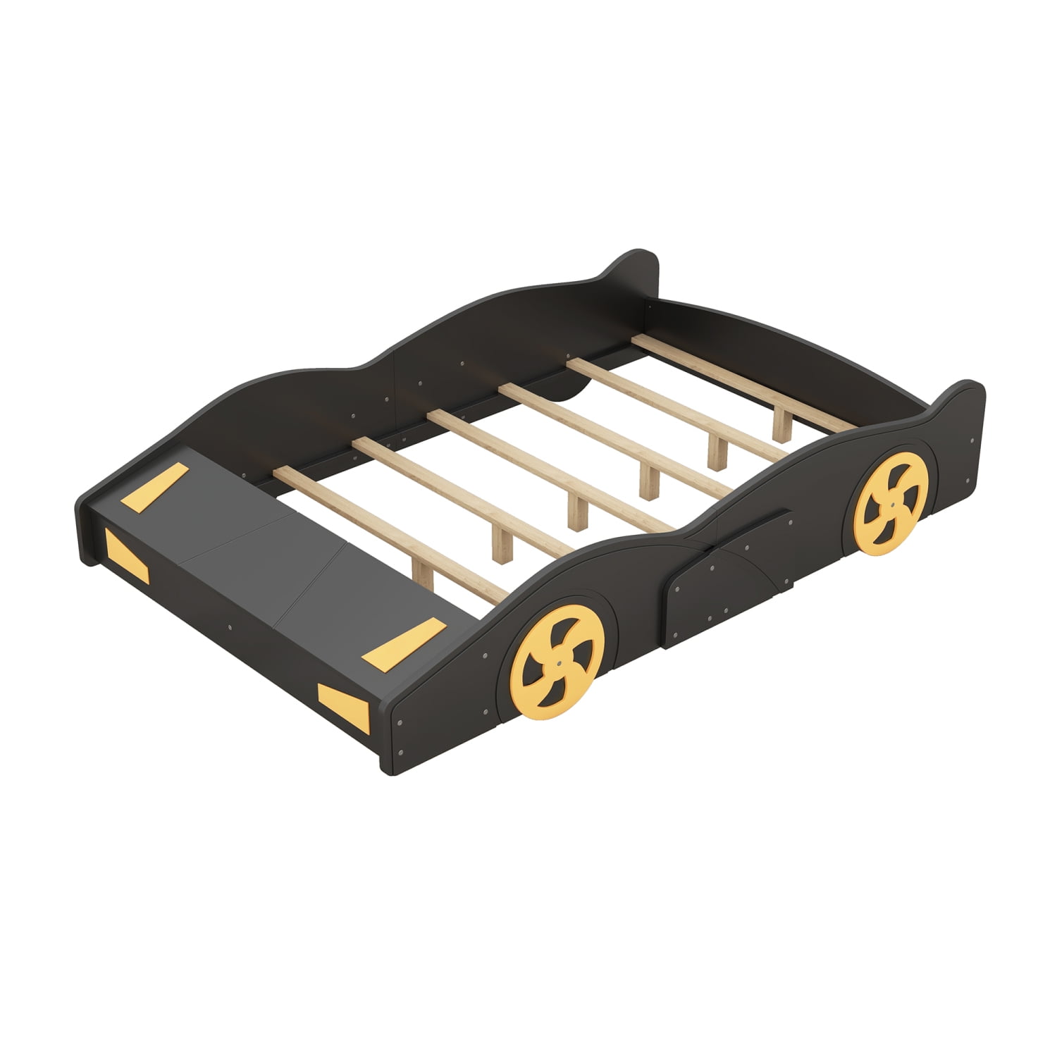 Harper & Bright Designs Full Size Race Car Bed Platform Bed for Kids, Wood Car-Shaped Kids Bed Frame with Storage and Wheels for Boys Girls, Black