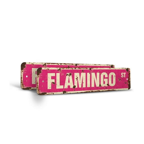 FLAMINGO Vintage Style Rustic Street Sign – (2 Pack) New Pink Flamingos Lover Bird Retro Decorative Wall Sign for Home, Bar, Garage, or Outdoor Use | 4" X 18" Plastic Road Sign