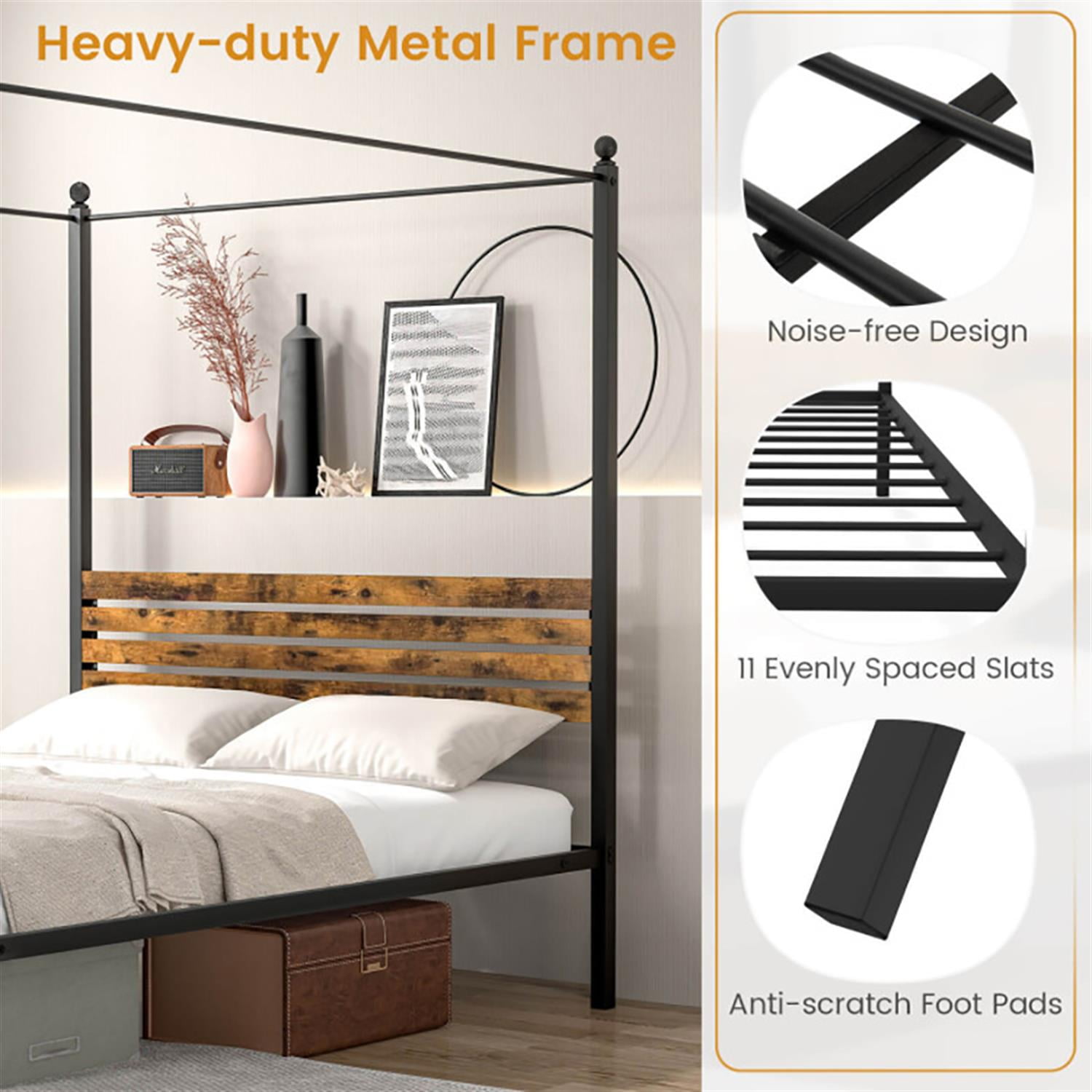 Demi Bonn Queen Size Canopy Metal Platform Bed Frame with Under Bed Storage, Steel Slat Support, No Box Spring Needed, Black