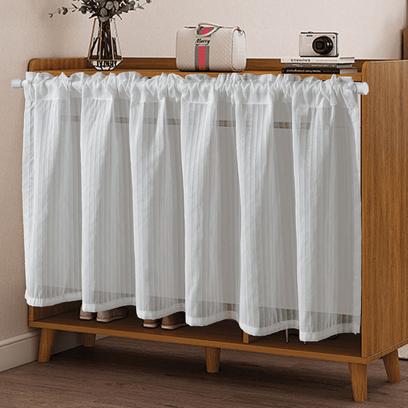 2 Pcs White Cafe Curtains 59.1 x 23.6 in / 150 x 60 cm, Rod Pocket Sheer Valance Curtains for Bedroom, Vertical Striped Semi Blackout Curtains, Privacy Protect, Kitchen Window Treatment