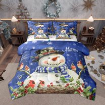Manfei Xmas Snowman Bedding Comforter Set 7 Pieces for Kids Boys Girls, Winter Snowflakes Cardinal Bird Queen Bedding Sets, Blue Happy New Year Gifts Queen Sheet Sets, Ultra Soft Home Decor