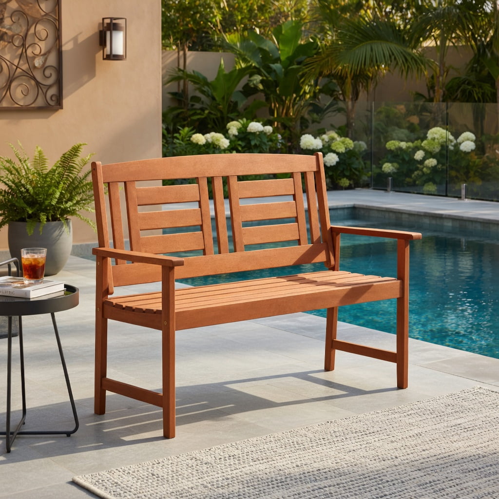 Hommoo Teak Outdoor Solid Wood Loveseat Bench, 2-Seat Patio Bench with Ergonomic 108° Backrest, Slatted Seat & Reinforced Crossbar for Garden, Balcony & Deck, Natural
