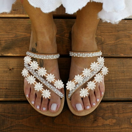 

Tangnade women shoes Women s Ladies Fashion Casual Roman Pearl Strappy Sandals Flat Shoes Slippers White 37