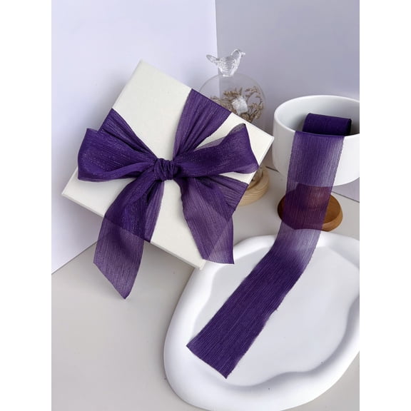 NAMZI 1 Rolls 1.5 Inch Chiffon Crinkle Silk Ribbon, Shining Handmade Fabric for Bow Decoration, Wedding Invitations & Crafts, Dark Purple