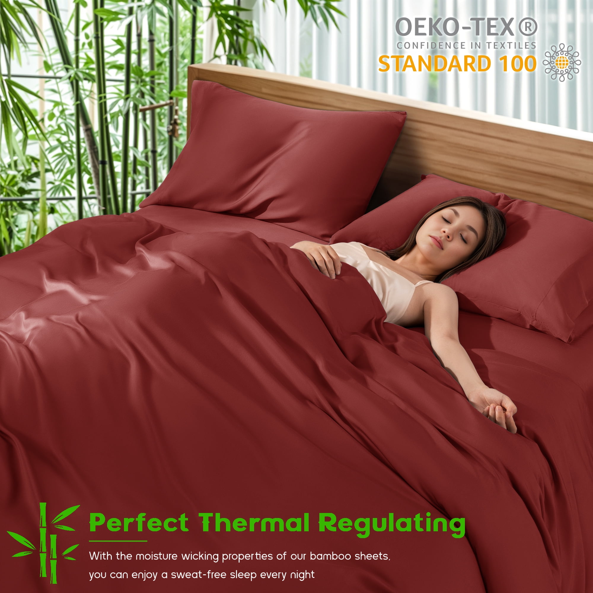 Sonoro Kate Luxury Cooling Bamboo Bed Sheet Set - Deep Pockets - 4 Piece, Queen, Burgundy