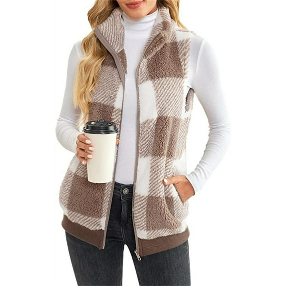MAWCLOS Women Lapel Collar Outwear Loose Work Coat Fuzzy Fleece Plush Outdoor Jacket Vest Waistcoat Khaki XL