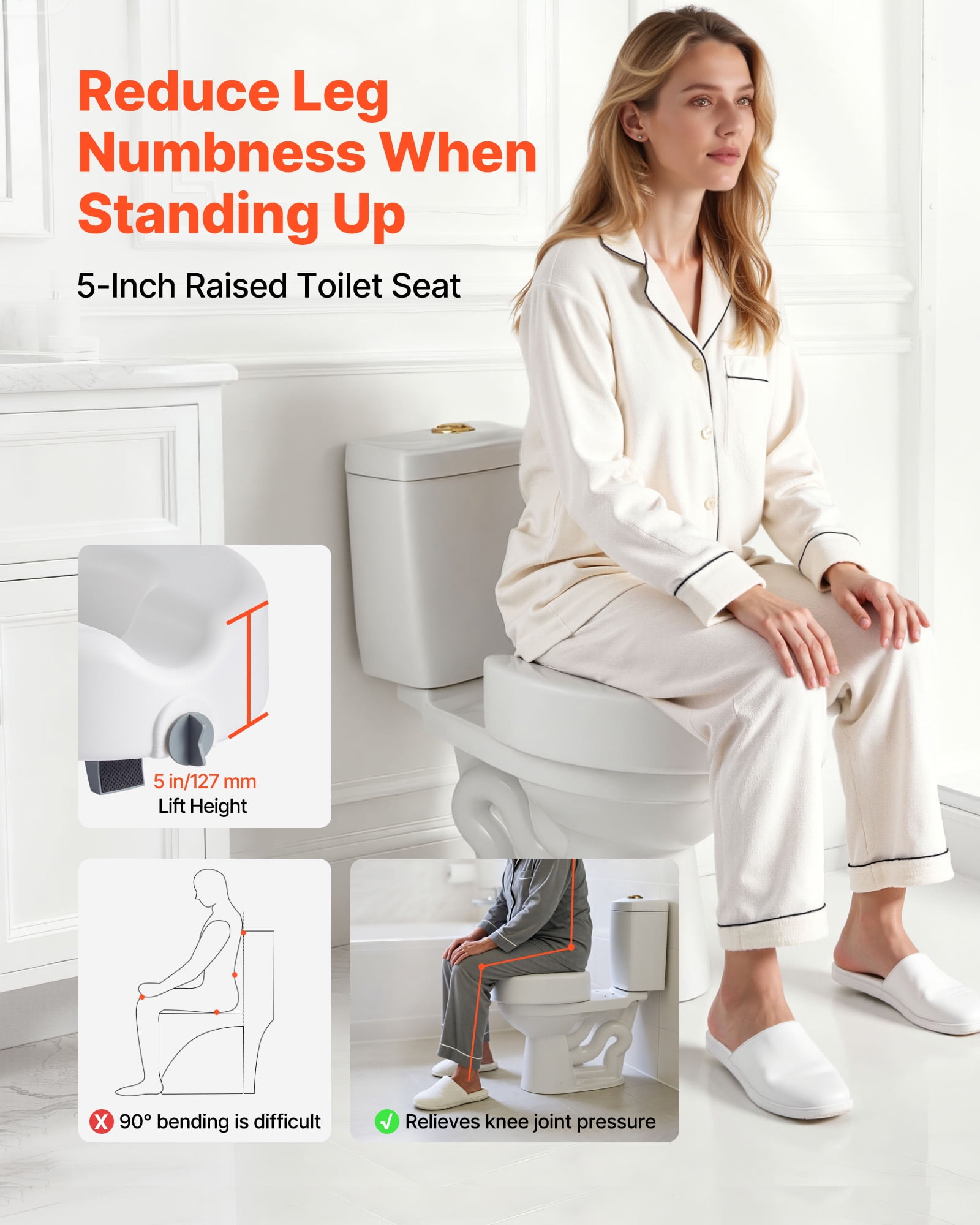 VEVOR Raised Toilet Seat, 350 lbs Capacity, 5-Inch Lift Height, Commode Elevated Toilet Seat Riser with Enlarged Opening for Seniors, Elderly, Handicap, Disabled, Adults, Fits Elongated & Round Bowl