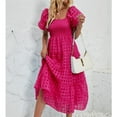 thumbnail image 5 of Formal Dresses Women Wedding Guest, Smocked Long Dress Puff Short Sleeved Checkered Sheer Lace A Line Flowy Maxi Dress Plus Size Sweatshirt Dress Mother Of Dresses (S, Hot Pink) ZMTing, 5 of 5