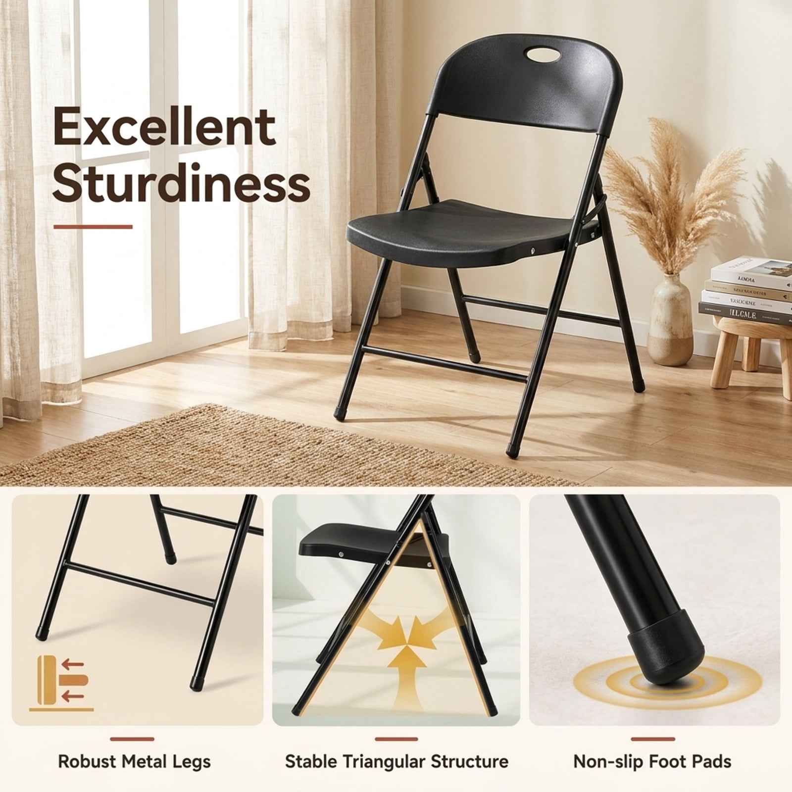 Furnibear Set of 6 Foldable Plastic Chairs with Ergonomic Backrest for Kitchen Dining Room Living Room Home, Black