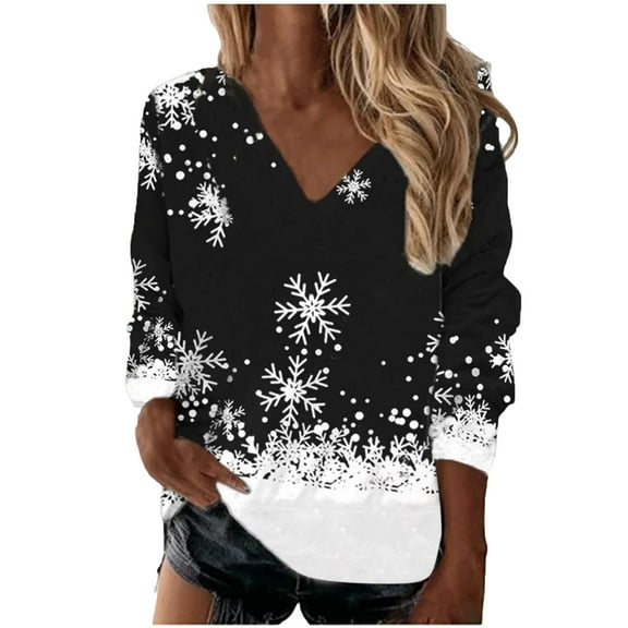 LYXSSBYX Women Long Sleeve Tops Women's Fashion Casual Snowflake Print V Neck Stitching Long Sleeve Christmas Blouse Top