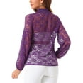 thumbnail image 3 of INSPIRE CHIC Women's Floral Lace Top Turtleneck Puff Long Sleeve See Through Sheer Blouse L Purple, 3 of 6