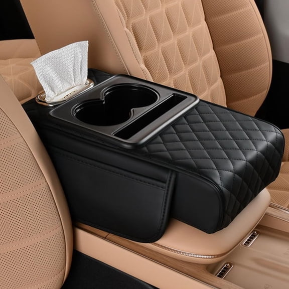 5-in-1 Car Armrest Cushion with Storage – PU Leather Center Console Cover with Cup Holder, Tissue Pocket and Phone Slot, Universal Fit