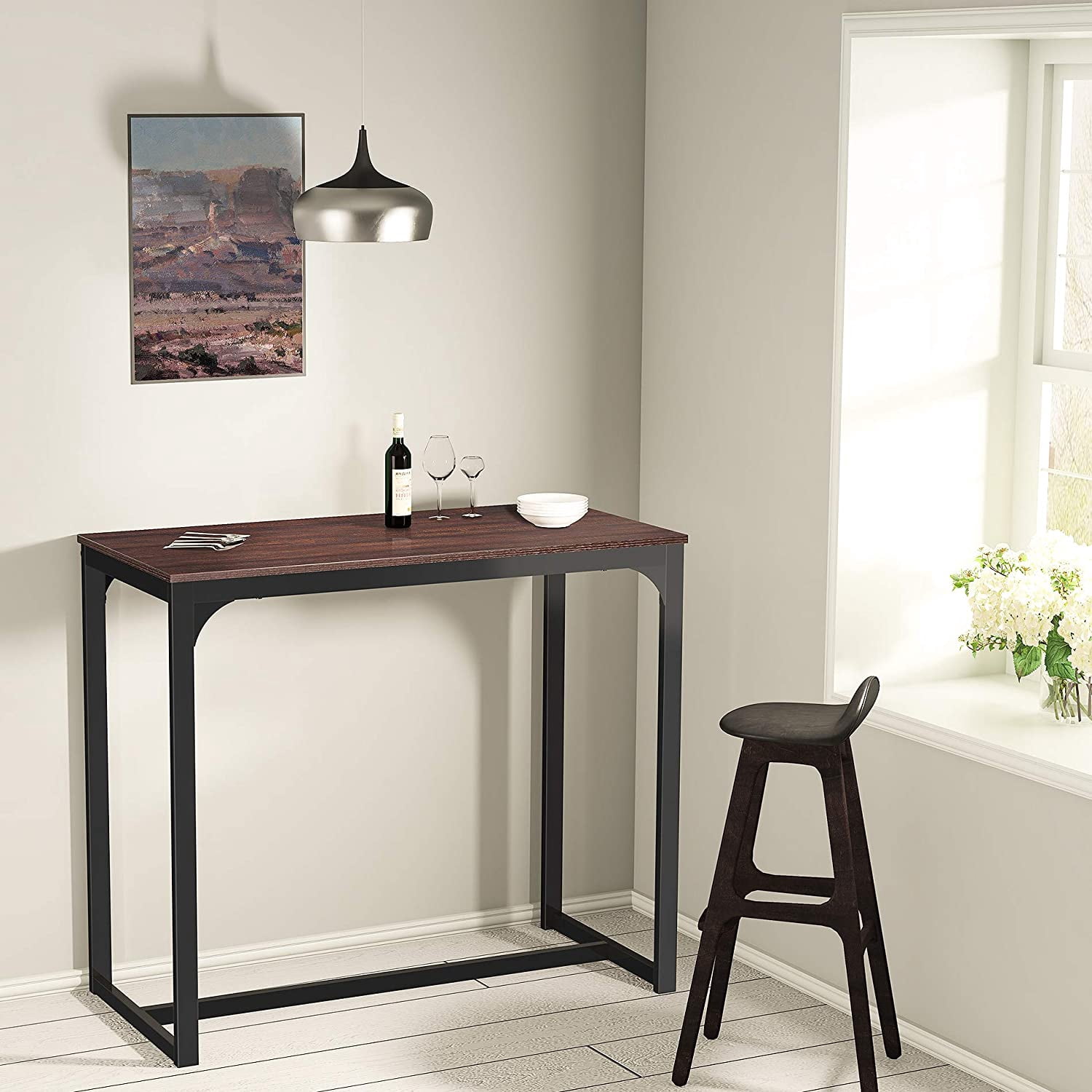 Bar Table, Pub High Top Table with Black Metal Base and Vintage Textured Top