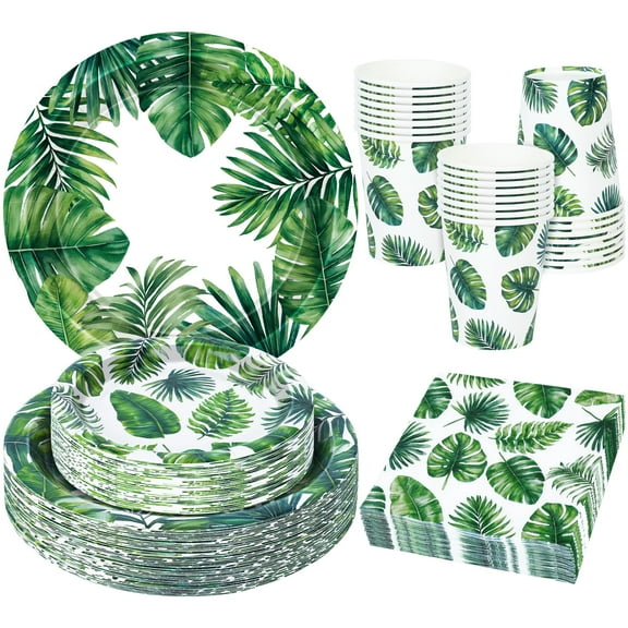 24 Sets Hawaiian Luau Party Decorations, AFN1Tropical Palm Leaf Disposable Tableware Set, 7 and 9 In Round Paper Plates for Summer Themed Events Aloha Birthday Party Supplies, Serves 24