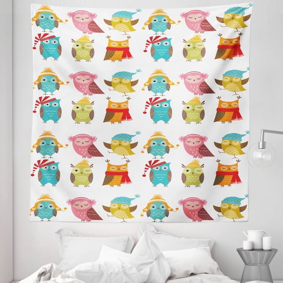Winter Tapestry, Cartoon Style Funny Owls Characters Hats and Scarf Colorful Birdies Pattern, Fabric Wall Hanging Decor for Bedroom Living Room Dorm, 5 Sizes, Multicolor, by Ambesonne