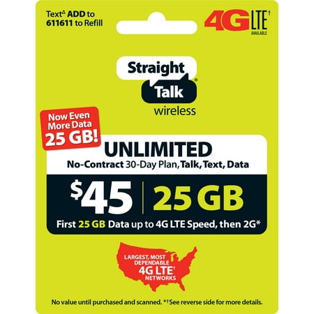 Straight Talk $45 Unlimited 30 Day Plan (with 25GB of data at high speeds, then 2G*) (Email (Best Rated Prepaid Cell Phone Plans)