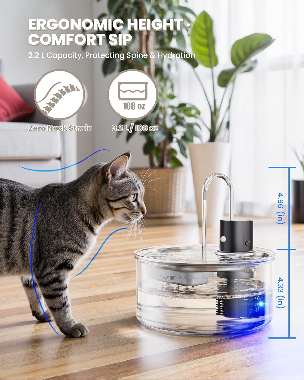 Cordless Rechargeable 108oz Glass Cat Water Fountain - Ultra-Quiet Automatic Pet Water Dispenser for Multiple Pets