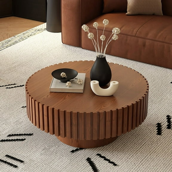 Round Coffee Table - Handcrafted Relief, Sturdy Pedestal, and Olive Style for Living Room