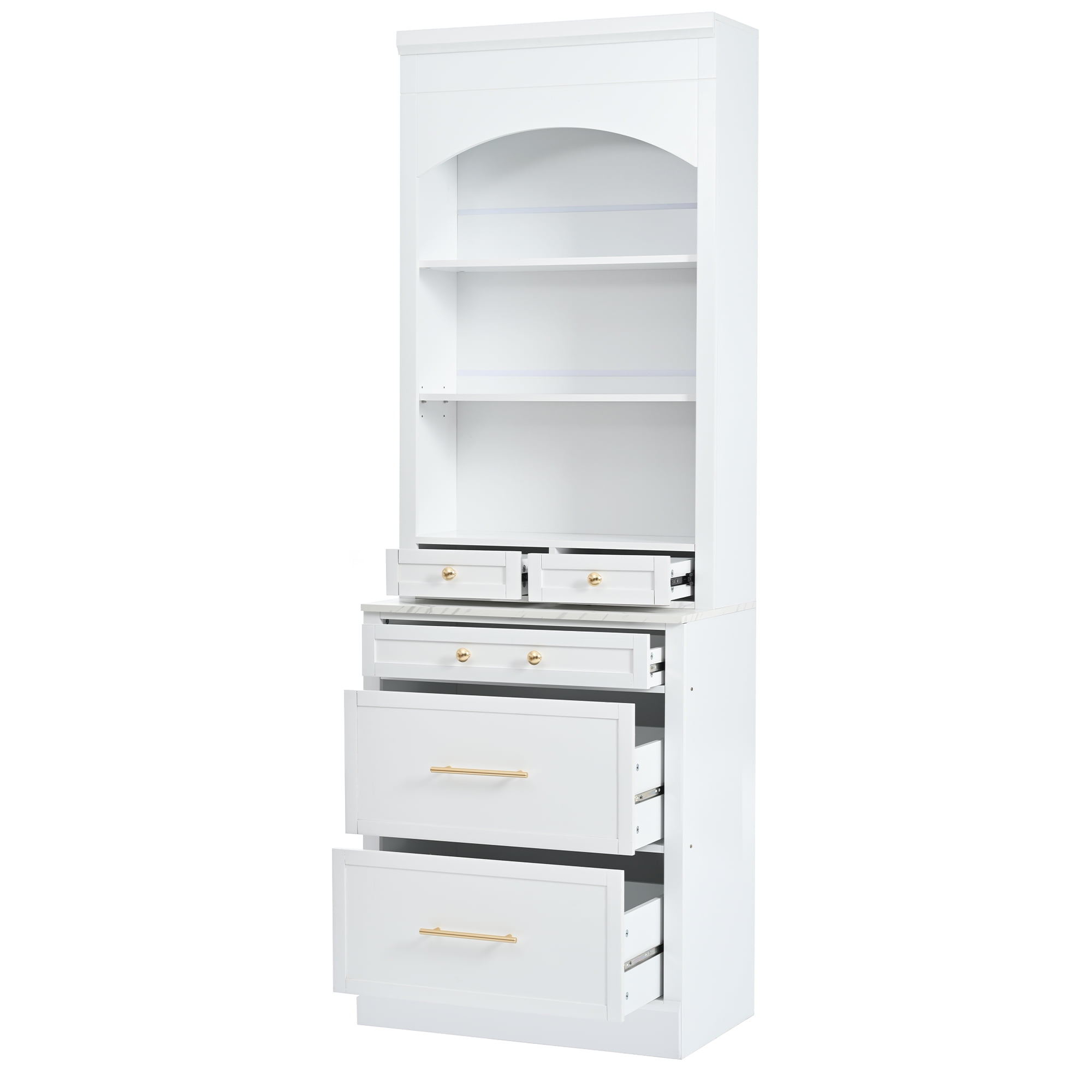 Harper & Bright Designs Freestanding Kitchen Pantry Storage Cabinet with Drawers and Shelves, Tall Kitchen Hutch with Faux Marble Top, White