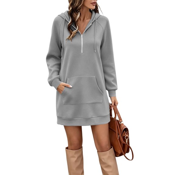 Ozmmyan Womens Hoodie Dress for Womens Long Sleeve Half Zip Pullover Sweatshirt Tunic with Kangaroo Pocket Solid Color Fall Winter Casual