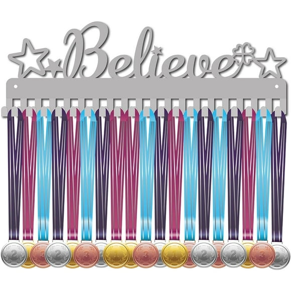 Believe Medal Holder Start Four Leaf Clover Awards Display Stand Wall Rack Mount Hanger Decor Stainless Steel Metal Hanging for Home Badge Medalist 60 Medals Sports Games Silver