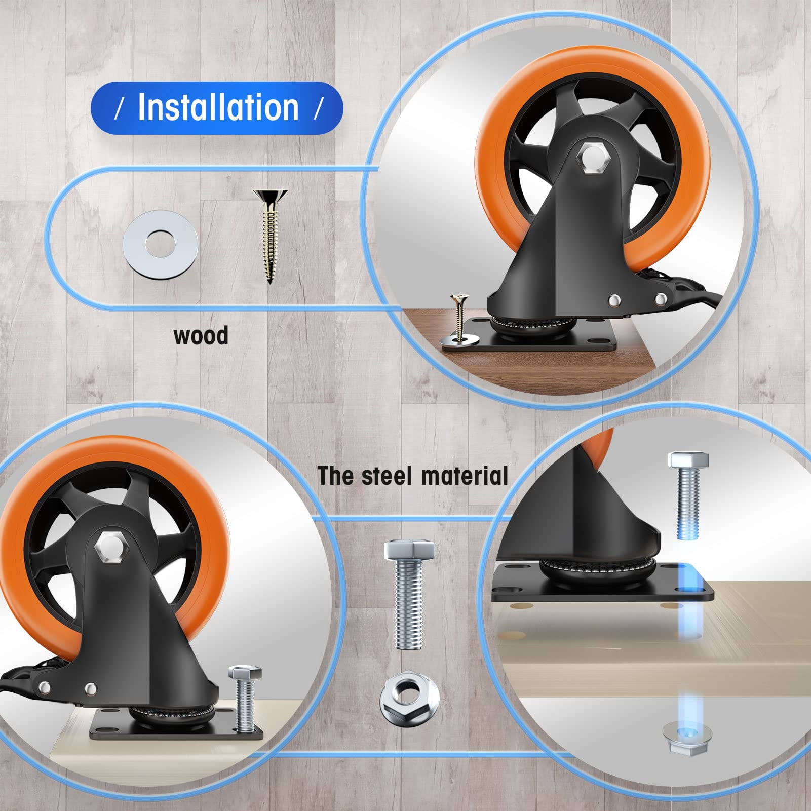 5" Caster Wheels Heavy Duty, ASHGOOB Casters Set of 4 - Non-Marking Orange Polyurethane Castors, Top Plate Swivel Wheels, Industrial Casters with Brake, Locking Casters for Furniture and Workbench