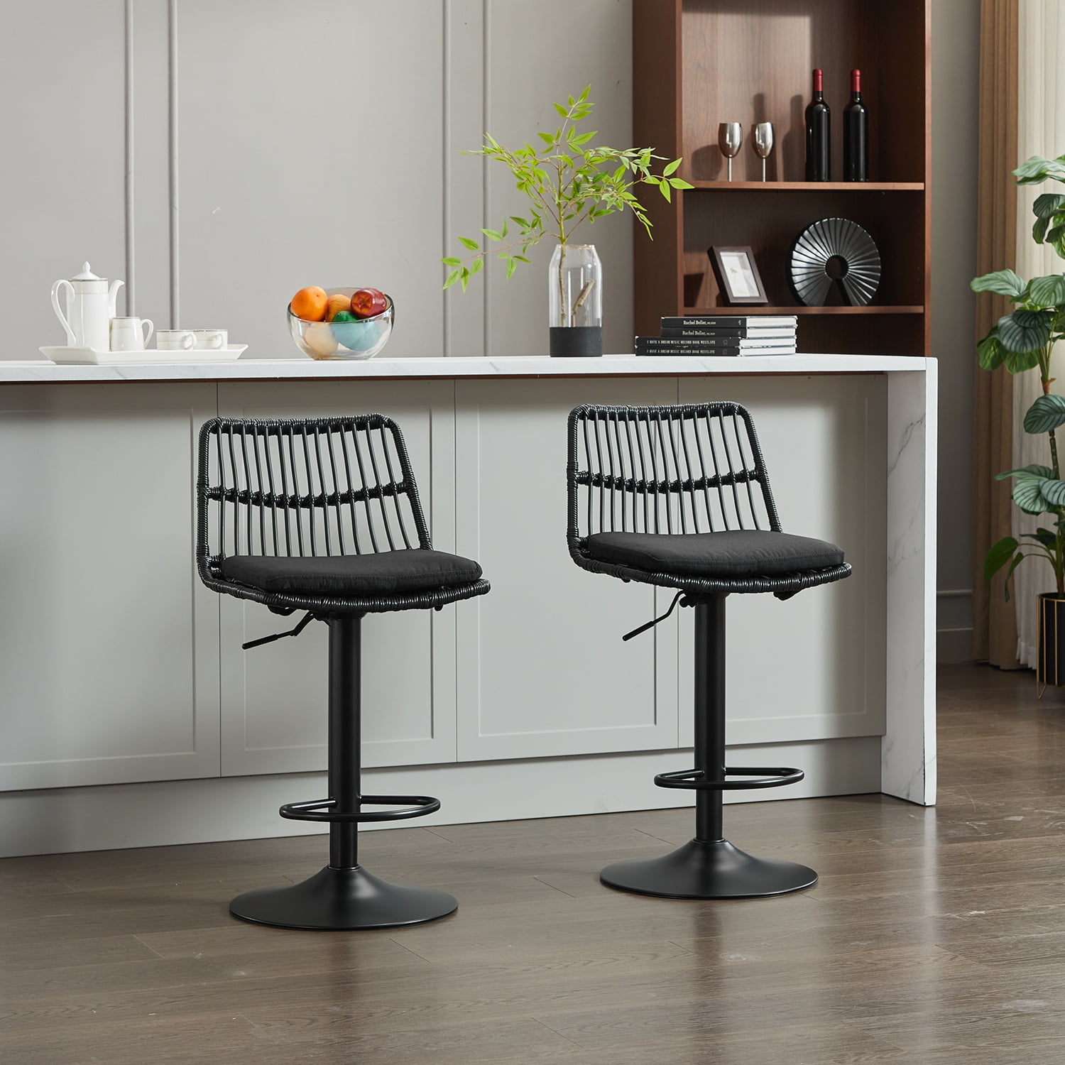 Demi Bonn 35" Counter Height Bar Stools Set of 2, Rattan Swivel Barstools with Back, Kitchen Island Countertop Chairs for Dining Room, Black