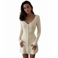 thumbnail image 2 of Women Deep V Neck Button Front Knit Mini Dress Elegant Long Sleeve Ribbed Flowy Hem A-Line Short Dresses Color M, 2 of 9