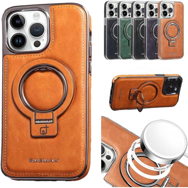 OSEVIO Luxury Leather Invisible Stand Phone Case, Transmitg Premium Luxury Leather Invisible Stand for iPhone Case15/14/13/12 Pro Max, with Magnetic Invisible Ring Stand (for iPhone 14 Pro,Brown)