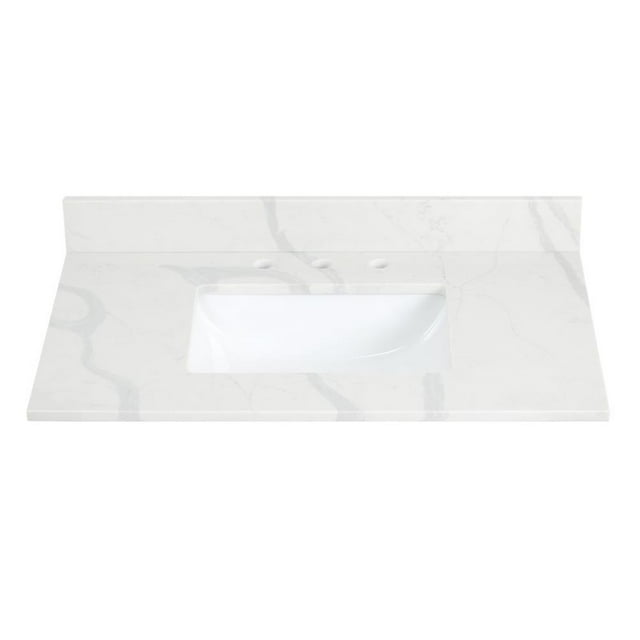 Pemberly Row Coiffeuse Moderne en Pierre de 36 Pouces avec Lavabo, Blanc Calacatta