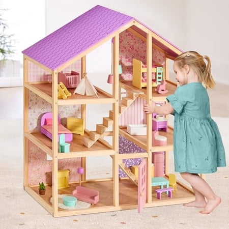 Tiny Land Wooden Dollhouse for Girls - 6 Rooms Wooden Doll House, DIY Pretend Doll House with 31Pcs Furniture Accessories, Creative Gift for Girl Ages 3+, Unicorn Purple