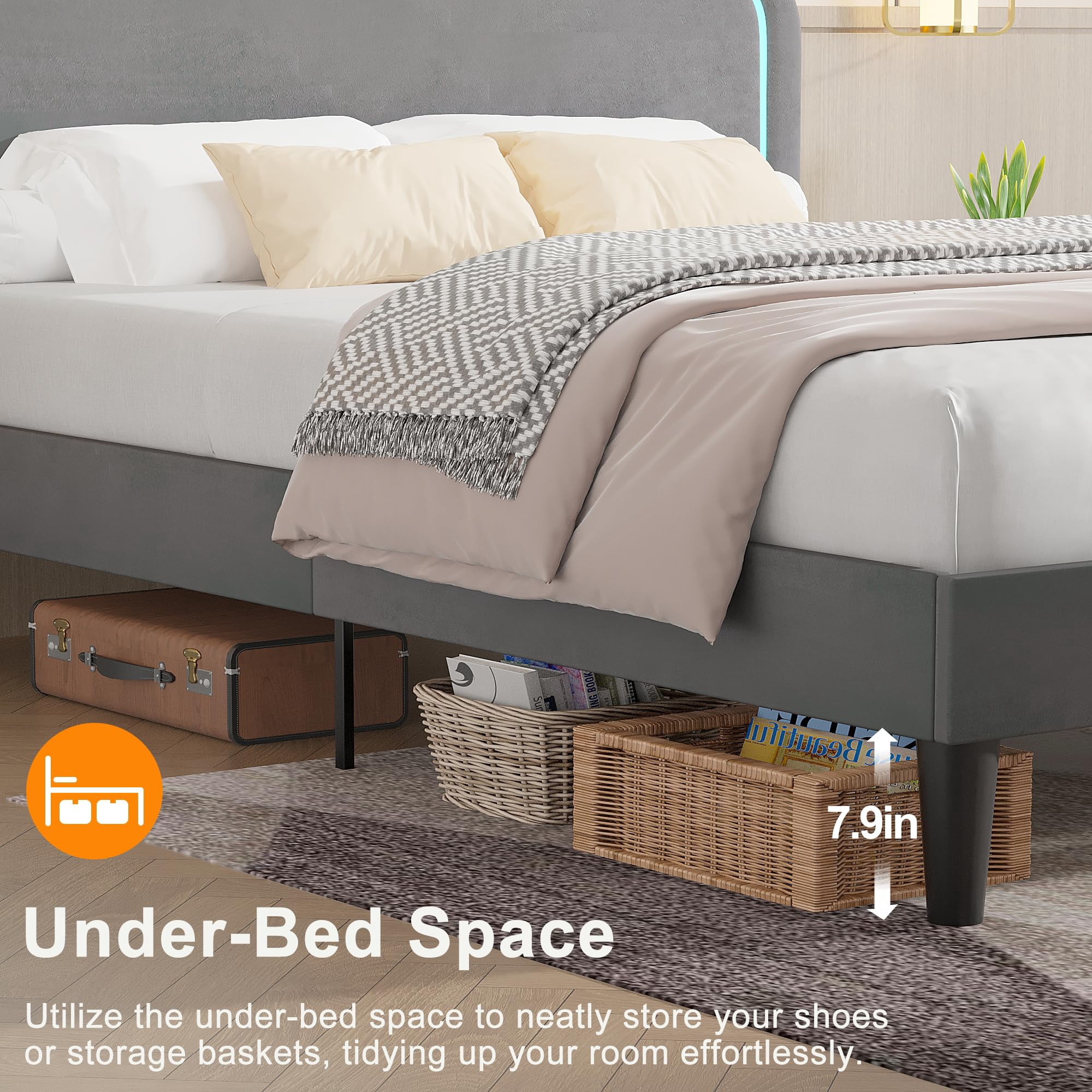 VECELO Upholstered Queen Size Bed Frame with Headboard Adjustable, LED Lights, USB-A & Type-C, Velvet Platform Bed Noise Free, Mattress Foundation with Wooden Slats, No Box Spring Needed, Gray