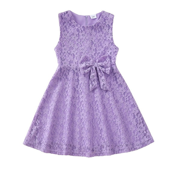 6Y Little Girl Dress 7Y Girls Sleeveless Dress Solid Color Round Neckline Little Girls Casual Dress Purple