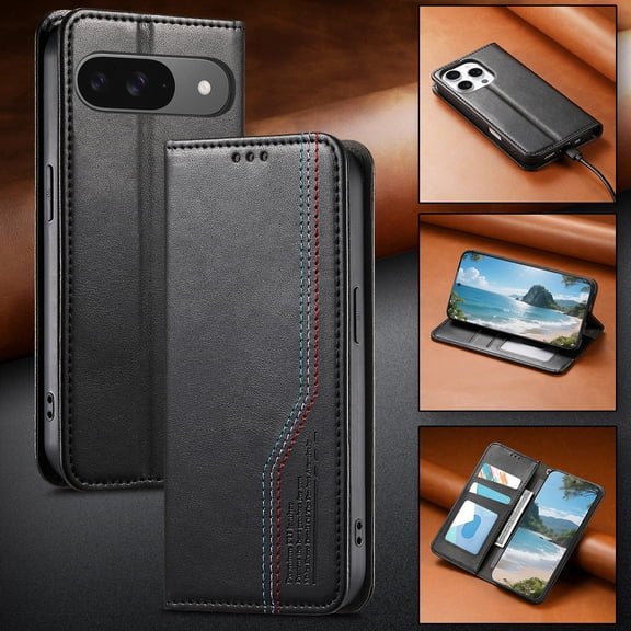For Google Pixel 9A Phone Case,PU Leather Flip Folding Kickstand,With Card Slots,Magnteic Closure,Shockproof Anti-fall Folio Non-slip Durable Ultra Slim Wallet Phone Case Cover,Black