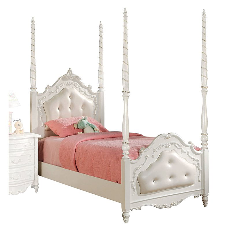 Acme Pearl Twin Poster Bed With, White Four Poster Twin Bed Size