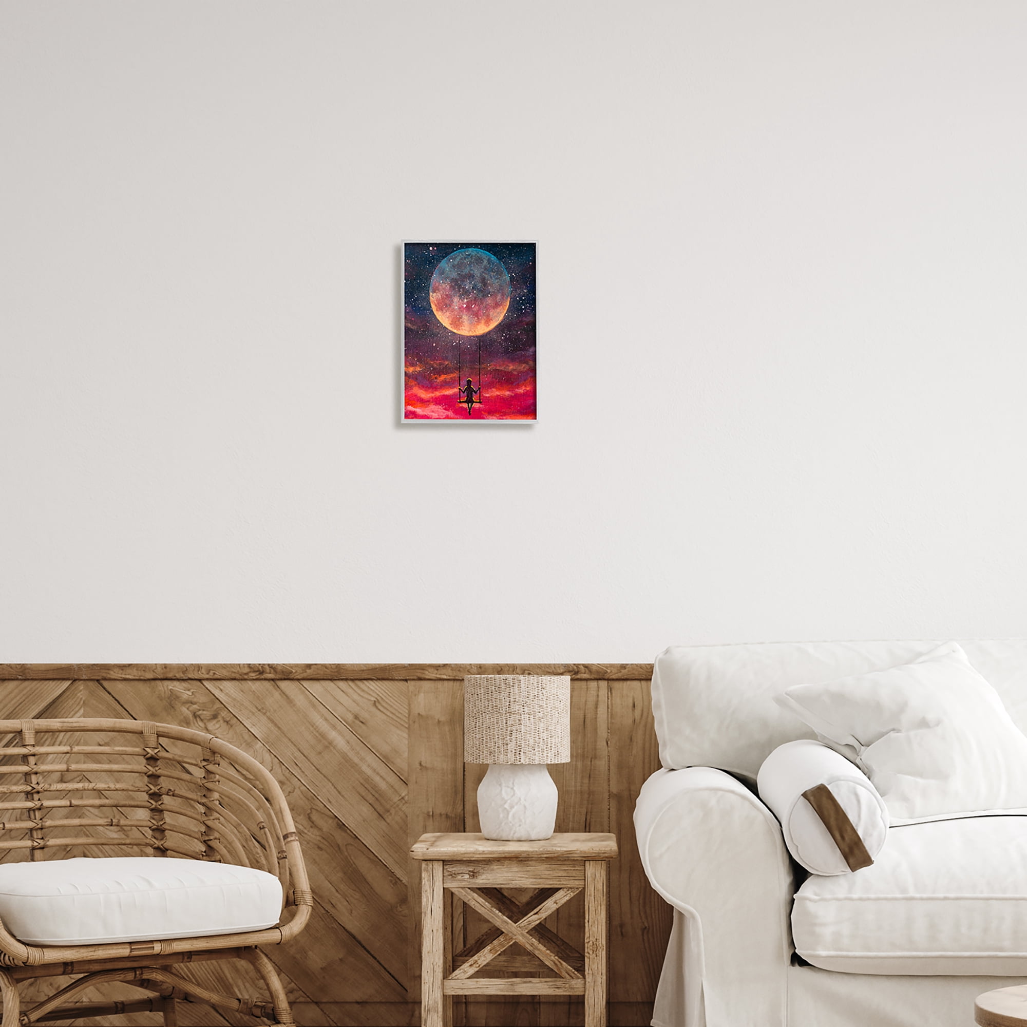 Stupell Industries Person Swinging From Moon Nature Painting Gray Framed Art Print Wall Art, 11 x 14