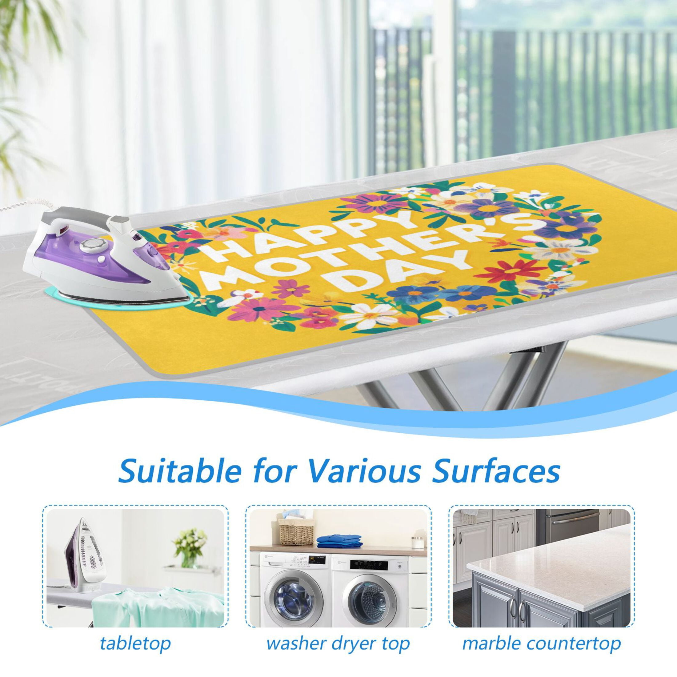 Happy Mothers Day with Heart Shaped Flowers Ironing Mat Blanket Portable Travel Ironing Pad Heat Resistant Pad 47.2" x 27.6”