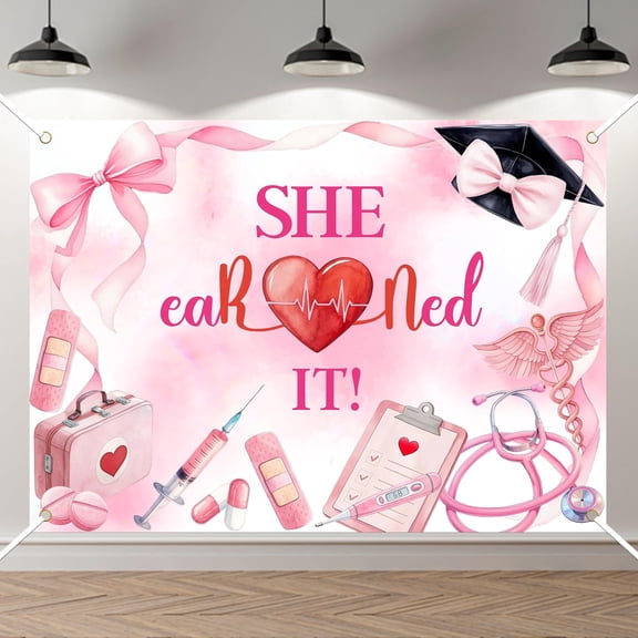 7x5FT She Earned It! Backdrop Class of 2026 Nurse Graduation Background Blush Pink Bow RN Graduation Party Decorations Banner Supplies Photo Booth Props