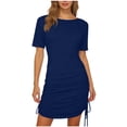 thumbnail image 4 of Juslio Women Dresses Round Neck Drawstring, Slim Midi Dress Casual Solid Color T-Shirt Dresses, 4 of 7