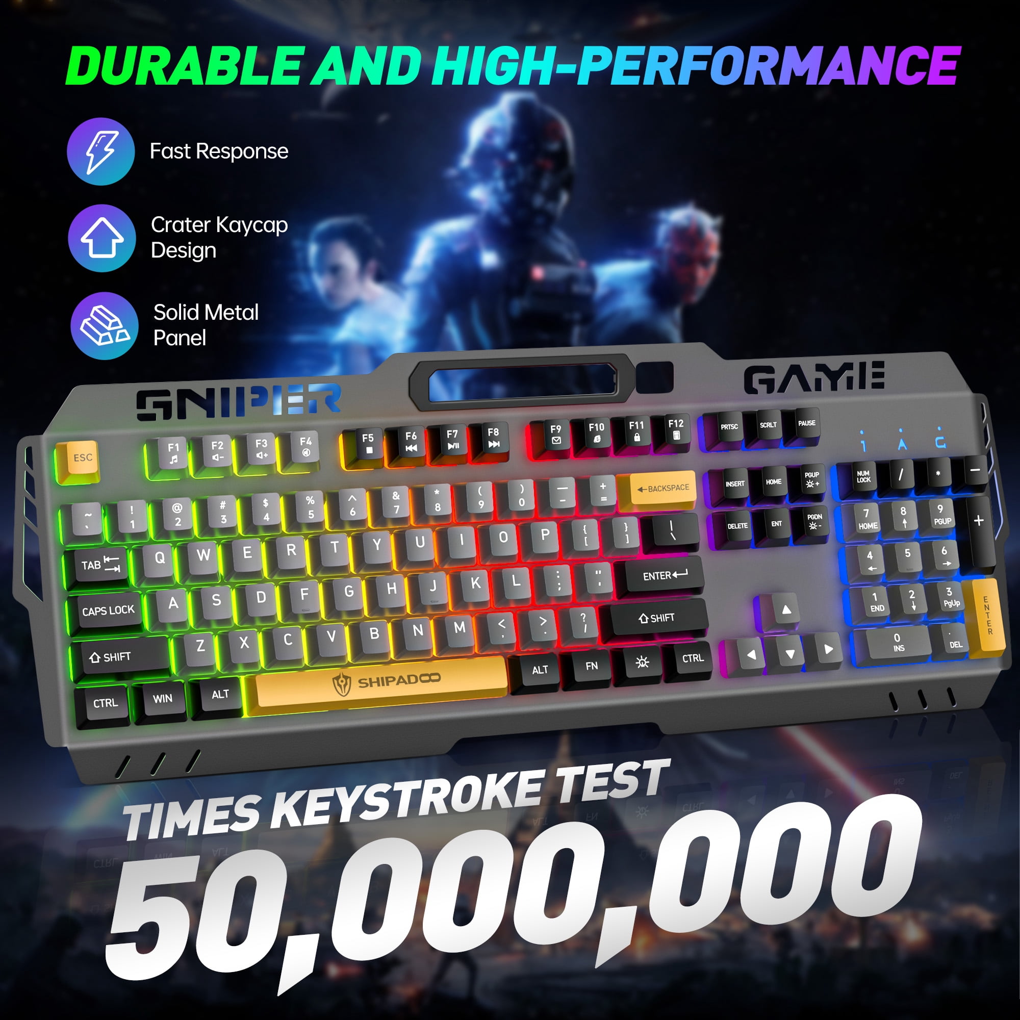 104 Keys RGB Light up Gaming Keyboard, All-Metal Panel & IPX3 Waterproof with Detachable Wrist Rest - USB Wired Computer Keyboard for Windows PC Gamer, Black & Gray