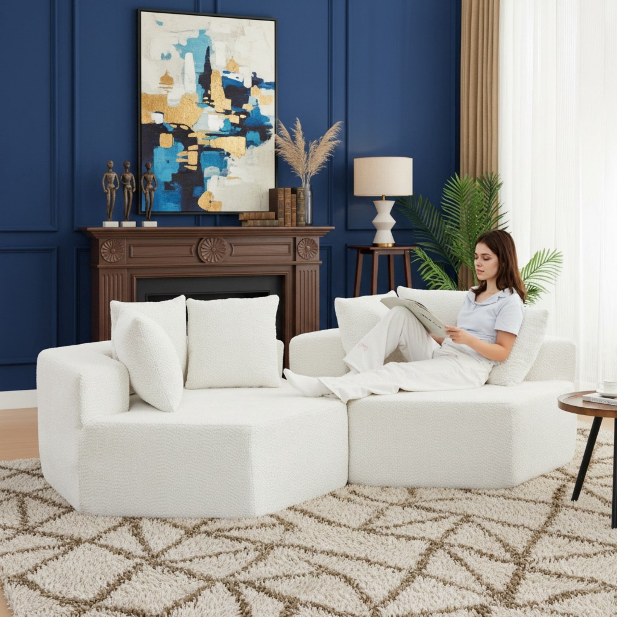 Sailvan 2PCS 54" Modern Hexagonal Modular Lounge Chair, Chenille Circular Sofa with Pillows, Modular Seating for Living Room & Bedroom Beige