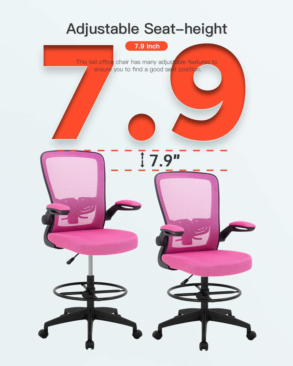Primy Drafting Chair Tall Office Chair with Flip-up Armrests Executive  Ergonomic Computer Standing Desk Chair with Lumbar Support and Adjustable  Footrest Ring (Pink) - Yahoo Shopping