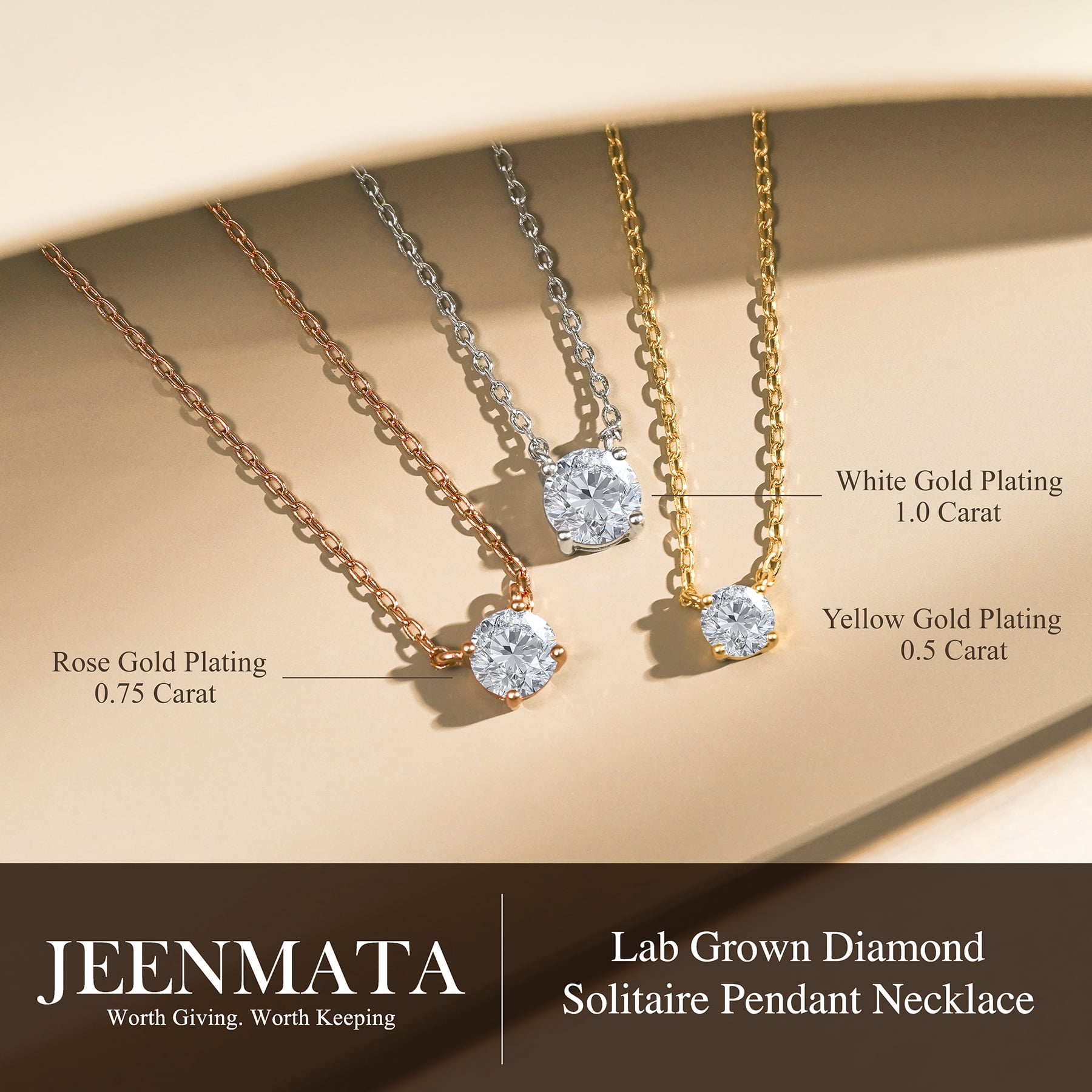 JeenMata Lab Grown Diamond 0.75 Carat Round Cut Classic Solitaire Pendant Necklace - in 18K White Gold Plating for Women