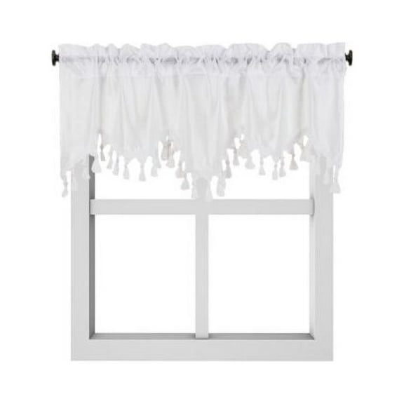 1-Piece Wave Valance with Bead-Trim Tassels, Semi-Sheer Light-Filtering, Rod Pocket, Tailored for Kitchen and Living Room Décor White Color, 52" Wide x 18" Length."