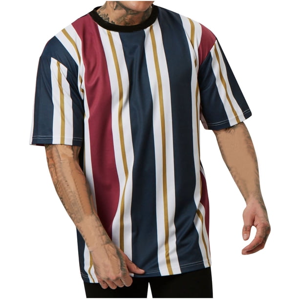 Camisetas de Manga Corta de los Hombres Casual Raya Cuello Redondo, Camiseta Ligera de Poliéster para Regalos Al Aire Libre, Viajes Y Familia