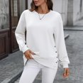 thumbnail image 4 of WTOBBY Women's Button Hem Slit Hoodie, Solid Color Casual Pullover, Long Sleeve Round Neck Top with Side Vent Design and Modern Street Style,White L, 4 of 8